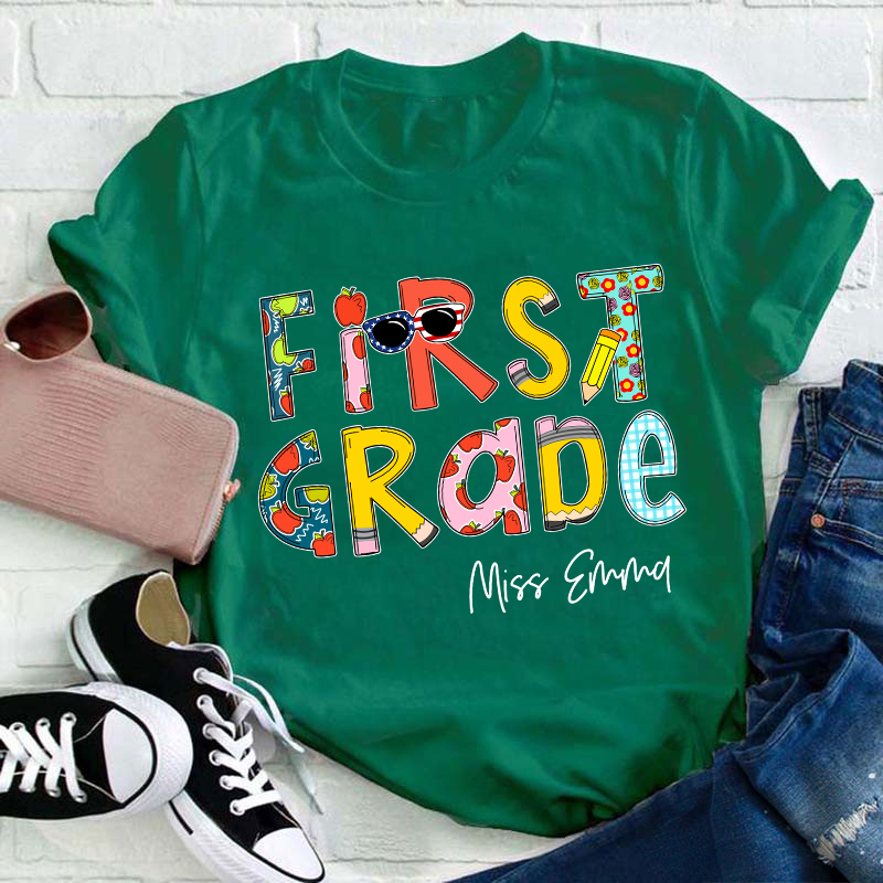 Personalized Name And Grade Colorful Crayon Teacher T-Shirt