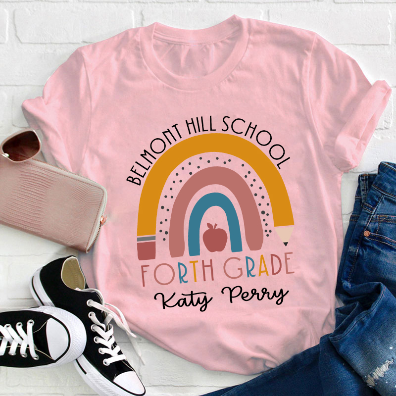 Personalized Name Rainbow Apple Teacher T-Shirt