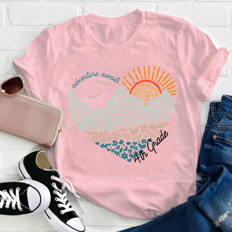 Personalized Grade Adventure Awaits Flower Mountain Sun Teacher T-Shirt