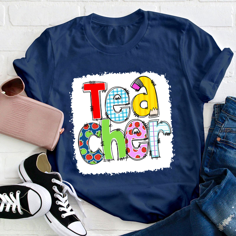 Teacher Letter Pencil Apple Pattern T-Shirt