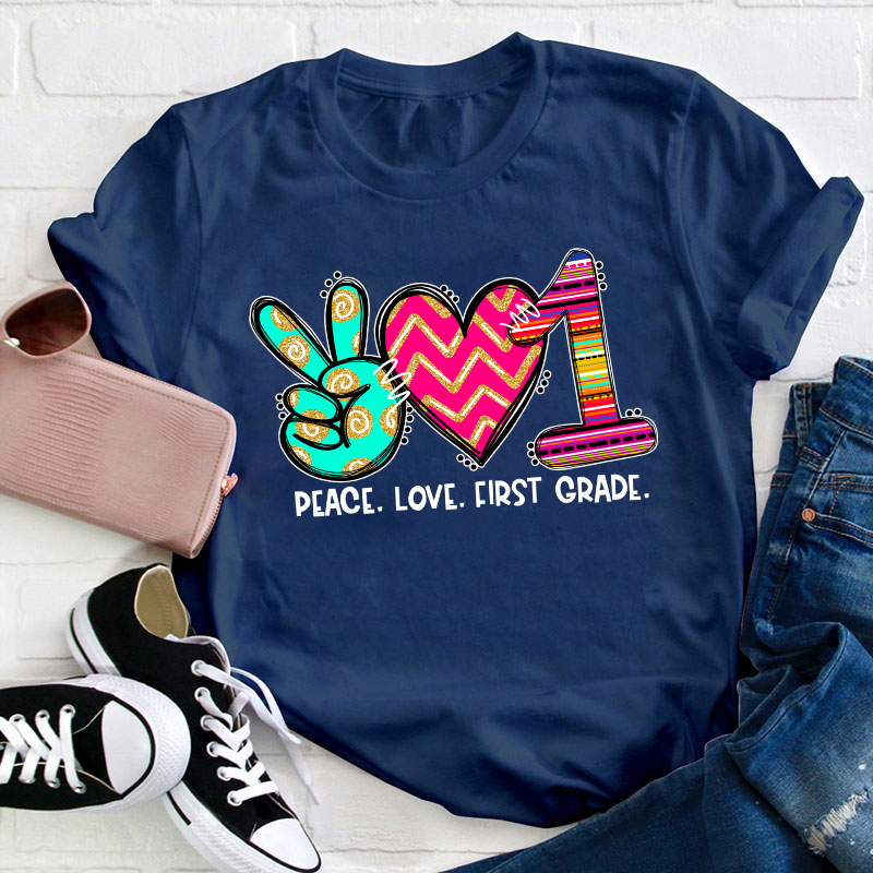 Personalized Grade Peace Love Teacher T-Shirt
