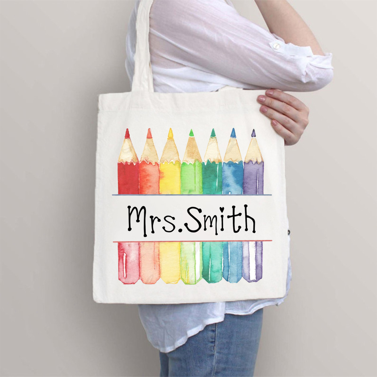 Personalized Teacher Letter Colorful Pencils Tote Bag