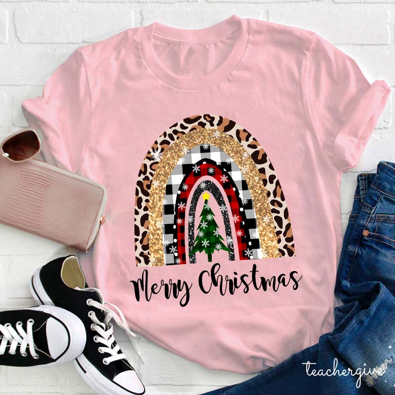 Merry Christmas A Christmas Tree In The Snow Teacher T-Shirt