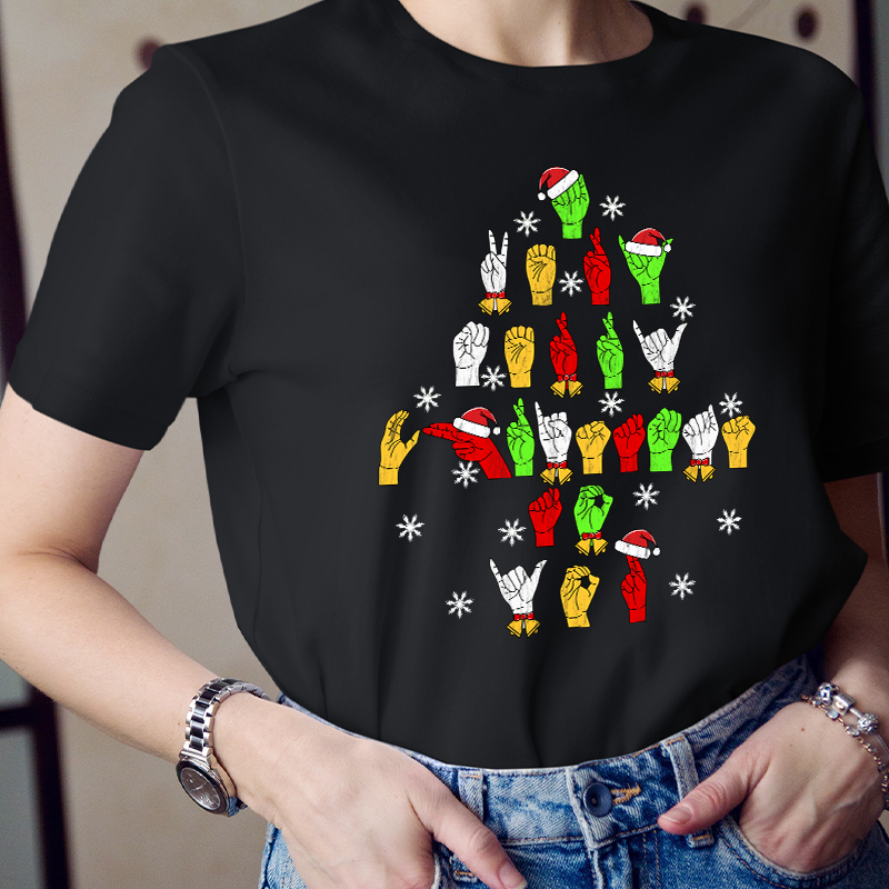 Hand Gesture Christmas Tree Teacher T-Shirt