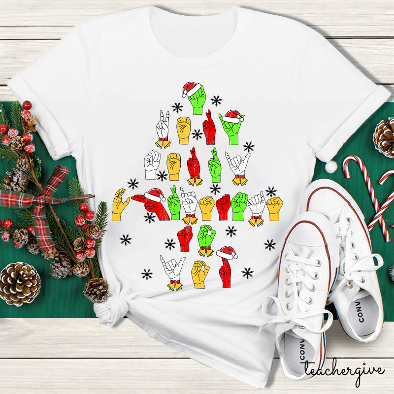 Hand Gesture Christmas Tree Teacher T-Shirt