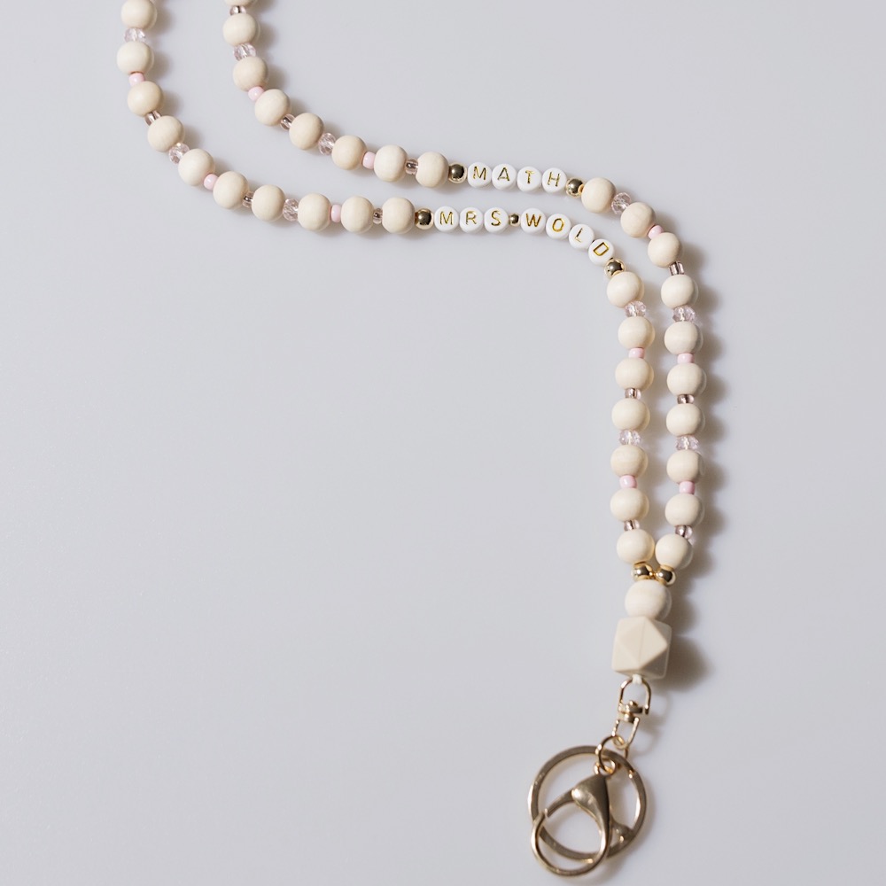 Personalized Multicolor Wooden Beads Teacher Name And Grade Lanyard