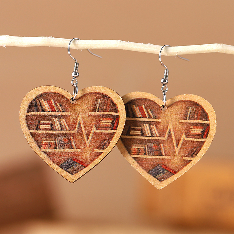 Heart-Shaped Bookshelf Just A Girl In Love With Her Books Teacher Wooden Earrings