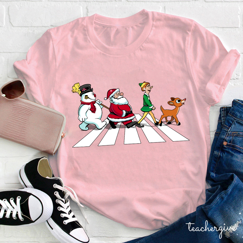 Santa Claus And His Friends Crossing The Road Teacher T-Shirt