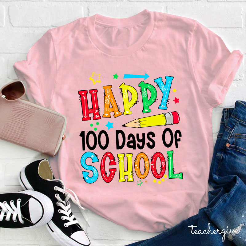 Pencil Happy 100 Days Of School Starry Teacher T-Shirt