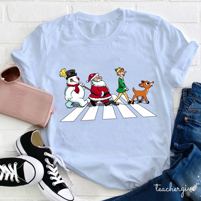 Santa Claus And His Friends Crossing The Road Teacher T-Shirt