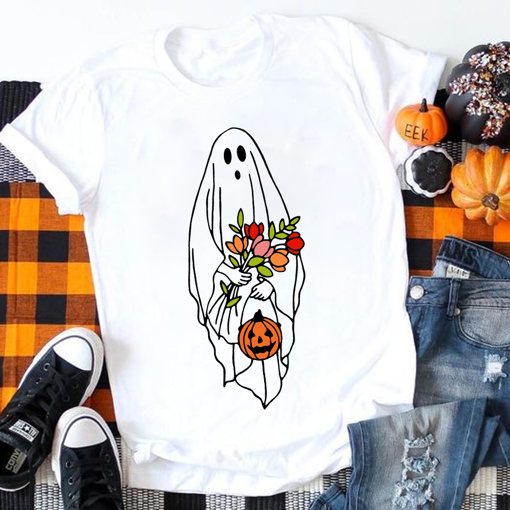 Halloween Ghost Holding Flowers Pumpkin T-Shirt