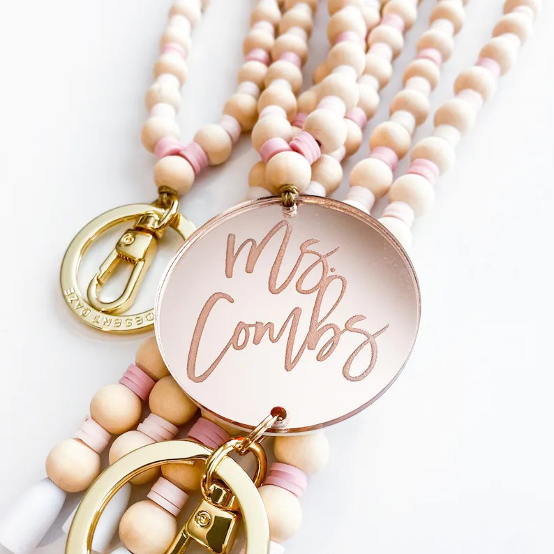 Personalized Pink White Stripe Beaded  Lanyard