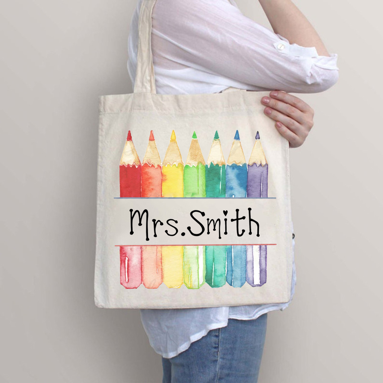 Personalized Teacher Letter Colorful Pencils Tote Bag