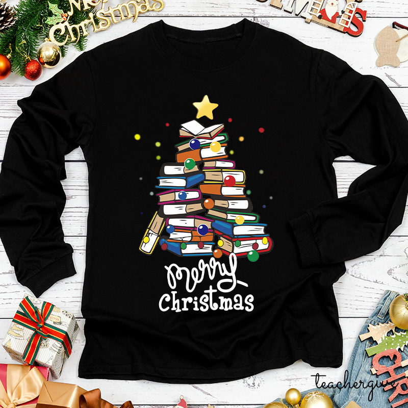 Merry Christmas Books Teacher Long Sleeve T-Shirt