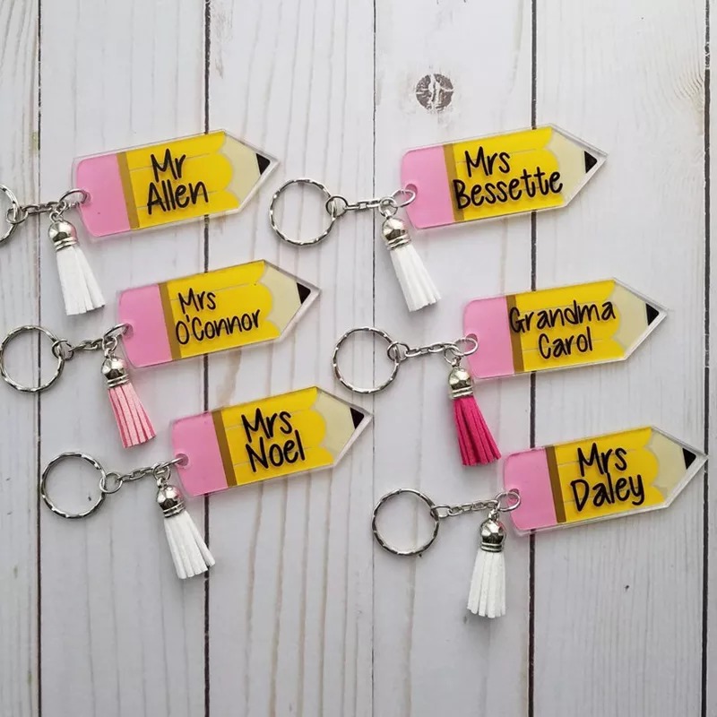 Personalized Teacher Acrylic Pencil Keychain With Tassel