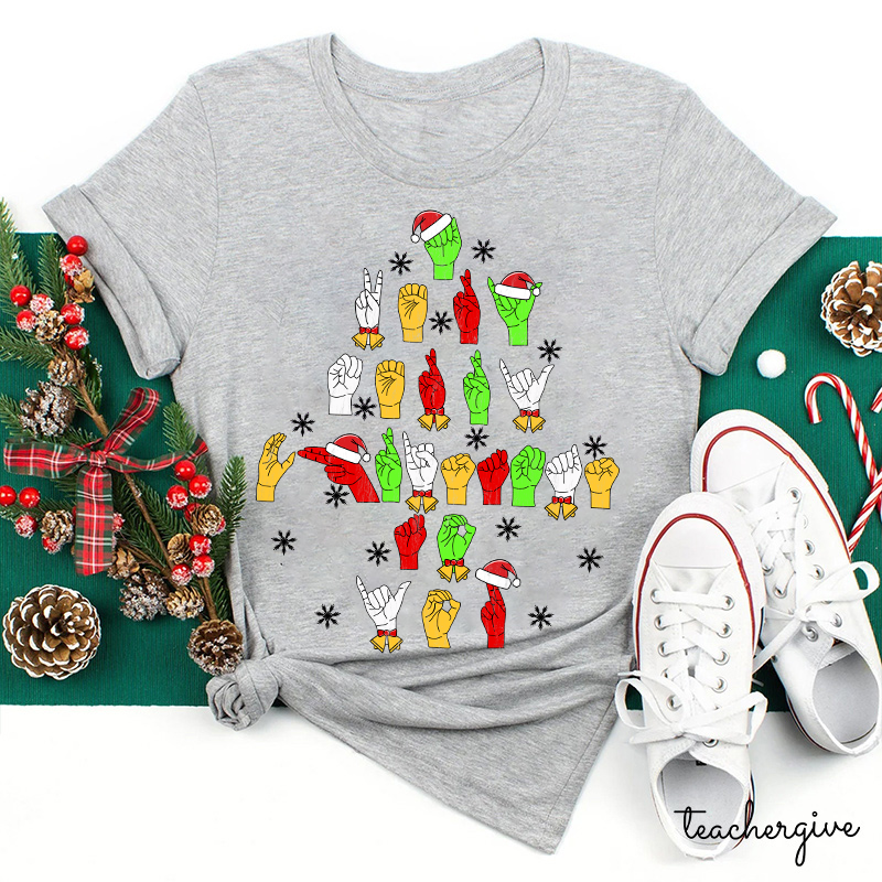 Hand Gesture Christmas Tree Teacher T-Shirt