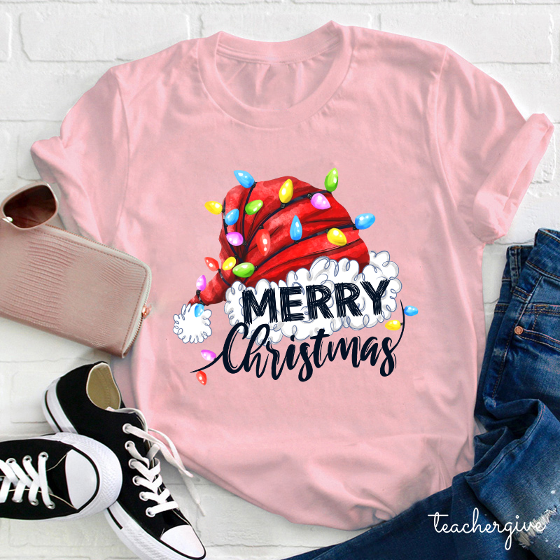 Merry Christmas And Big Red Hat Teacher T-Shirt