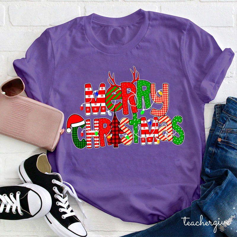 Merry Christmas With Rich Pattern Teacher T-Shirt