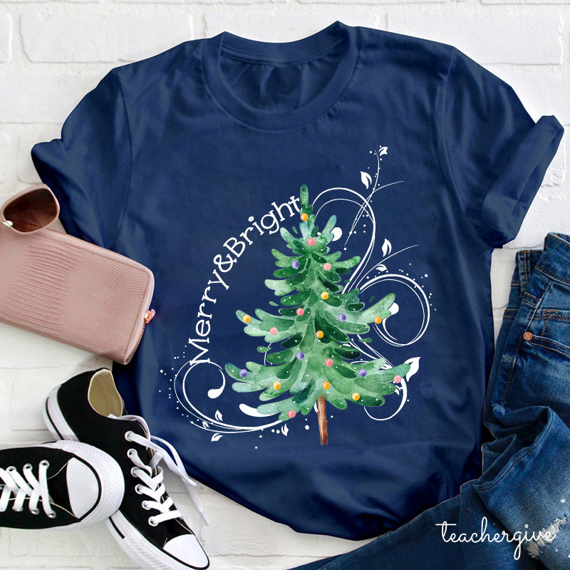 Merry And Bright Christmas Teacher T-Shirt