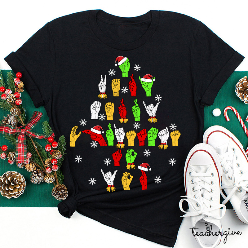 Hand Gesture Christmas Tree Teacher T-Shirt