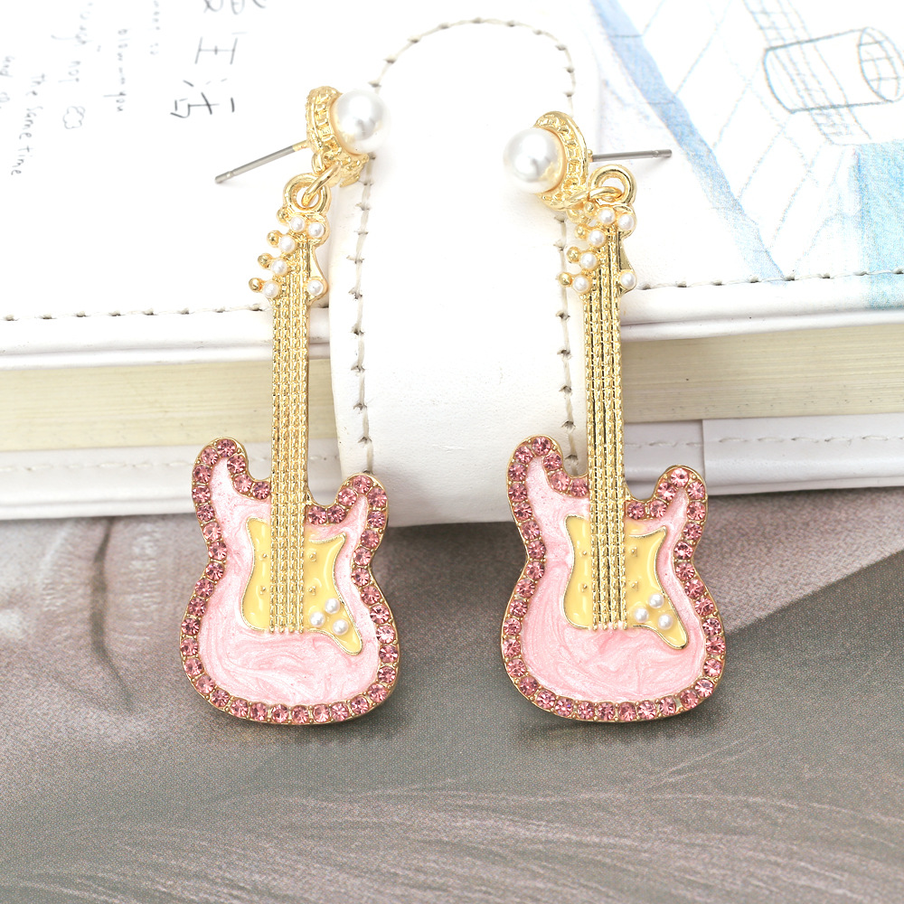 Pink Rhinestone Guitar   Metal Earrings