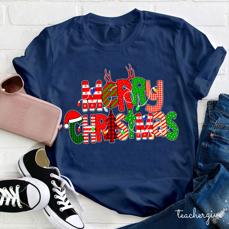 Merry Christmas With Rich Pattern Teacher T-Shirt