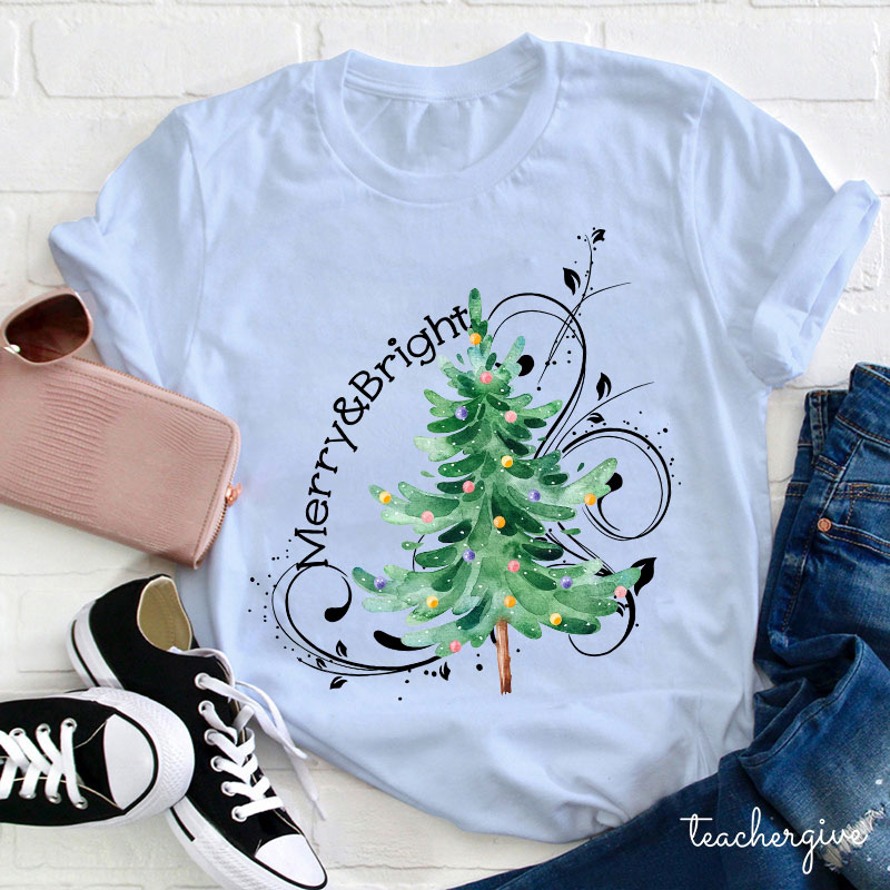 Merry And Bright Christmas Teacher T-Shirt