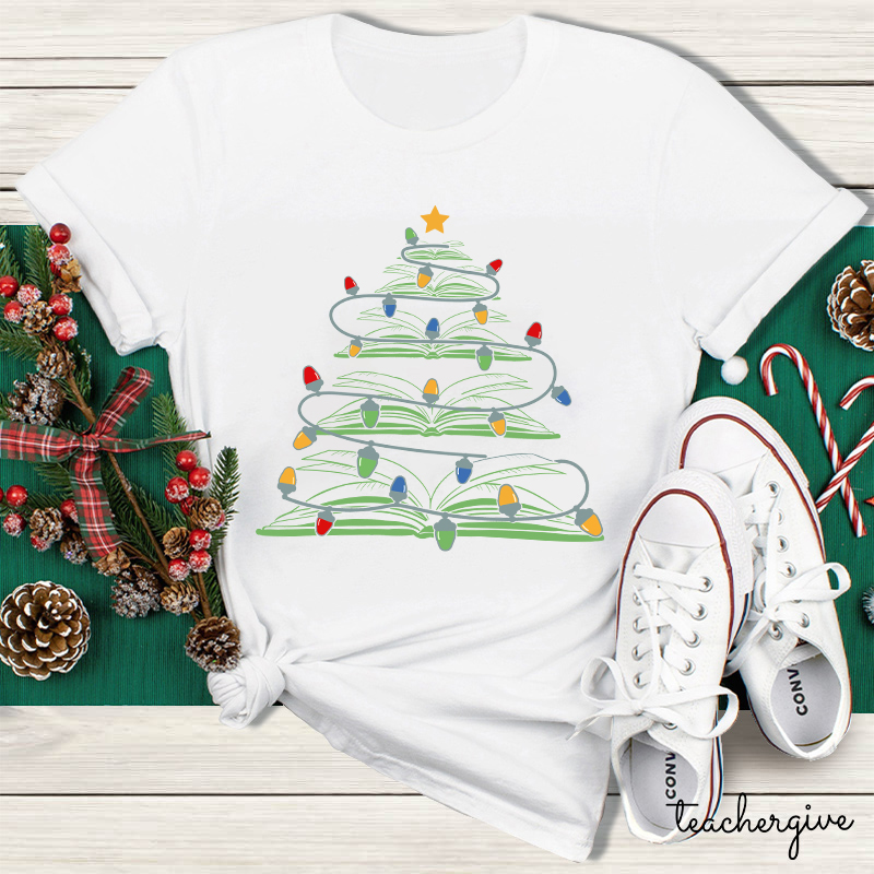 Christmas Tree Made Of Books Teacher T-Shirt