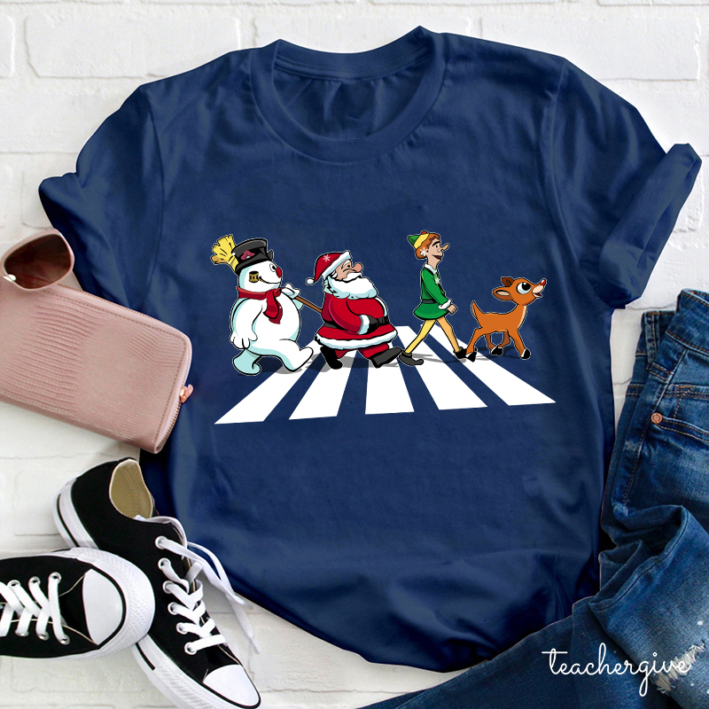 Santa Claus And His Friends Crossing The Road Teacher T-Shirt
