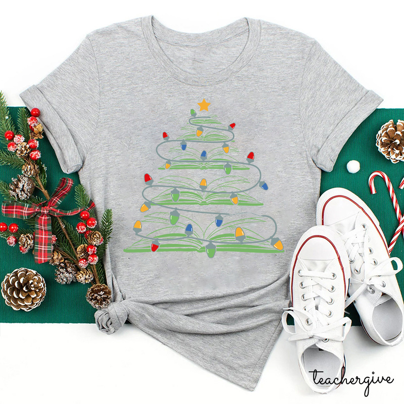 Christmas Tree Made Of Books Teacher T-Shirt