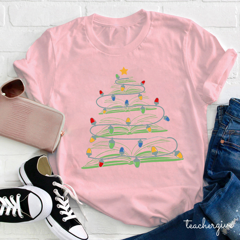 Christmas Tree Made Of Books Teacher T-Shirt