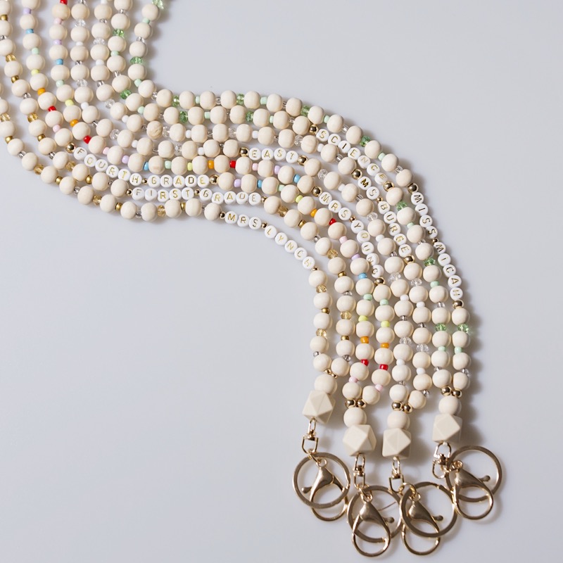 Personalized Multicolor Wooden Beads Teacher Name And Grade Lanyard