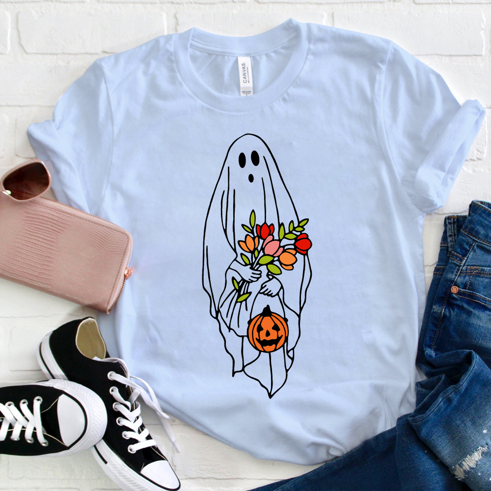Halloween Ghost Holding Flowers Pumpkin T-Shirt