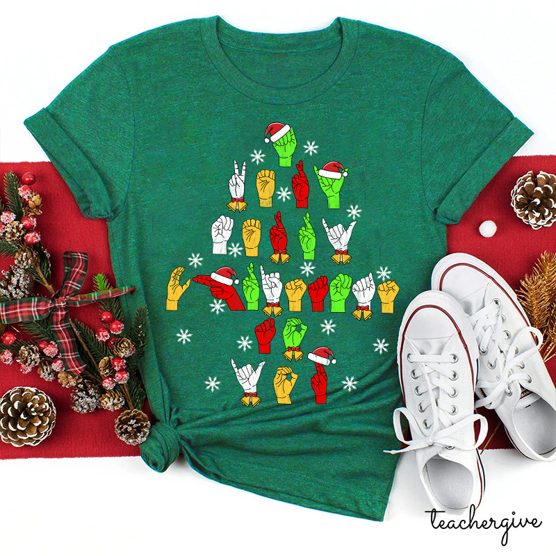 Hand Gesture Christmas Tree Teacher T-Shirt