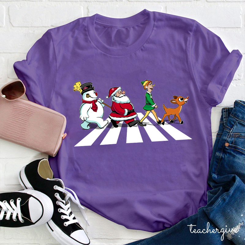 Santa Claus And His Friends Crossing The Road Teacher T-Shirt