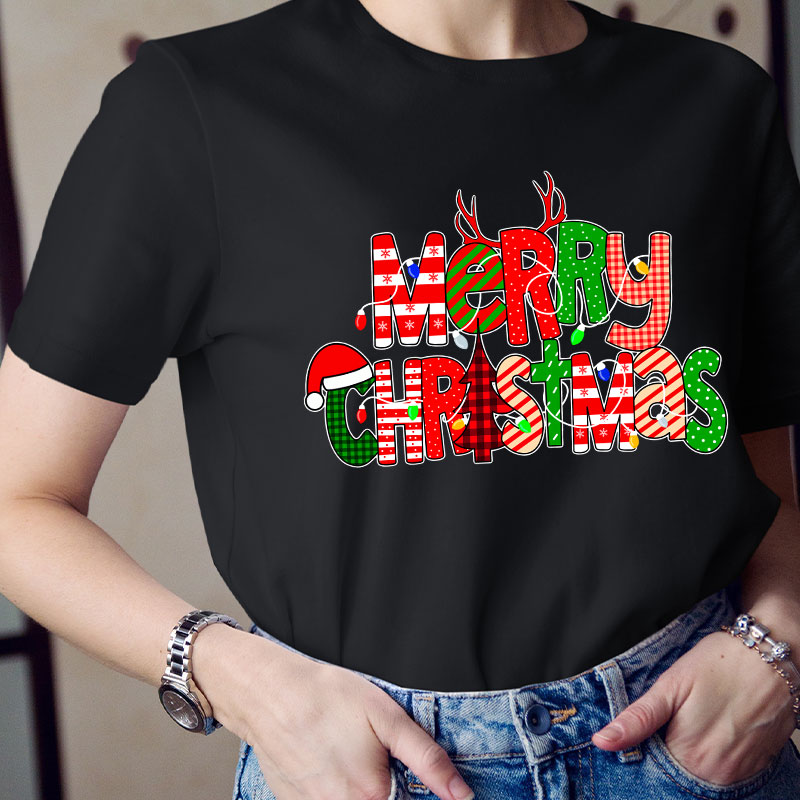 Merry Christmas With Rich Pattern Teacher T-Shirt