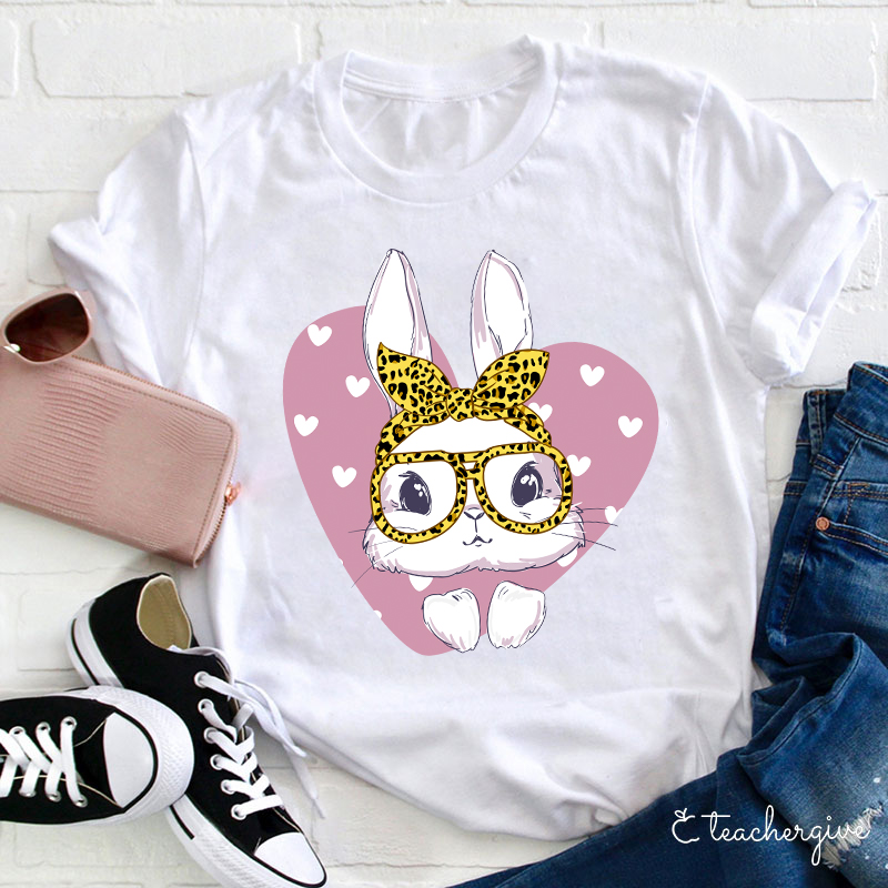 Bunny Face Leopard Glasses Poping Out Of A Heart Teacher T-Shirt