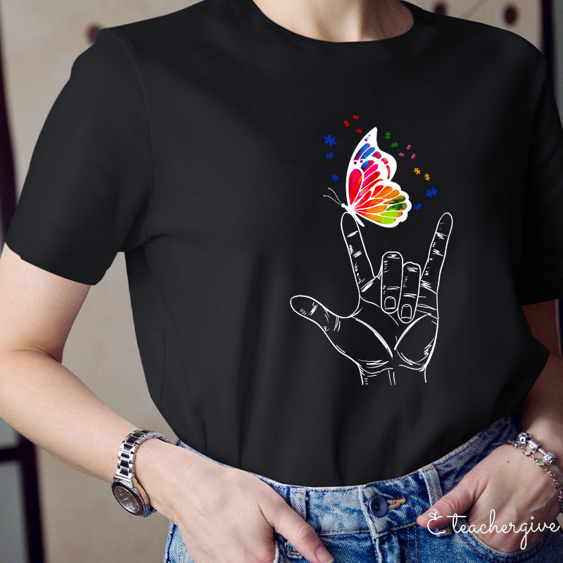 Love Sign Language Autism Butterfly Teacher T-Shirt
