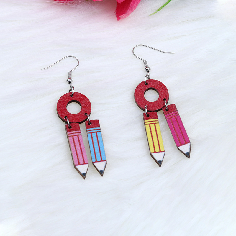 Ring And Two-color Pencils Wooden Earrings