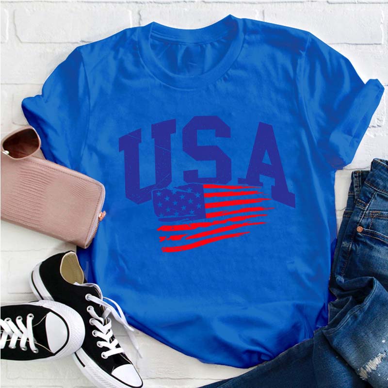 Waving USA Flag Teacher T-Shirt