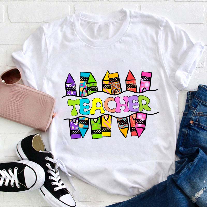 Teacher Crayons Fireworks   T-Shirt