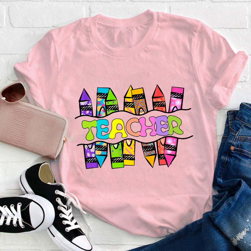 Teacher Crayons Fireworks   T-Shirt