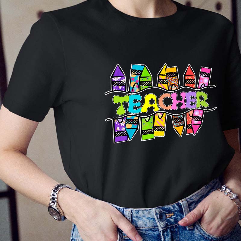 Teacher Crayons Fireworks   T-Shirt
