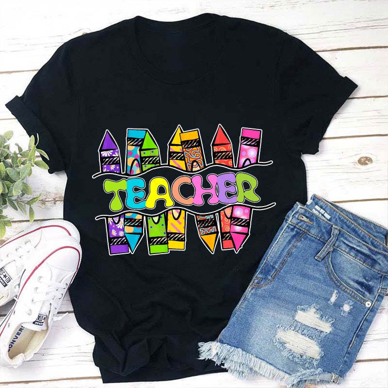 Teacher Crayons Fireworks   T-Shirt