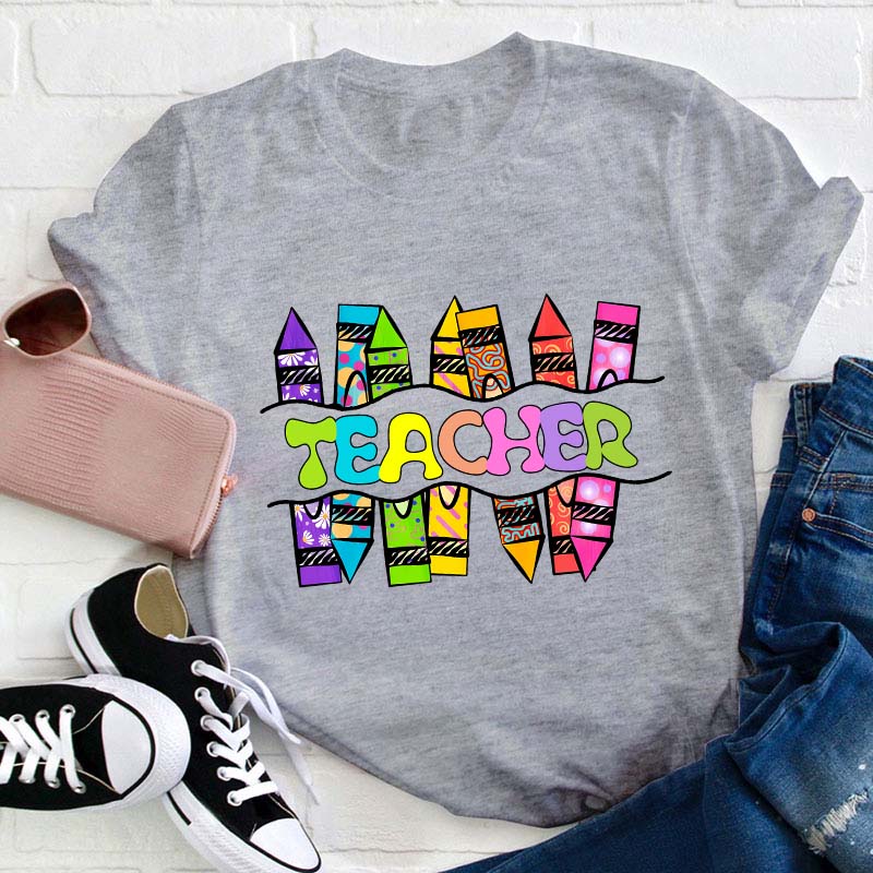 Teacher Crayons Fireworks   T-Shirt