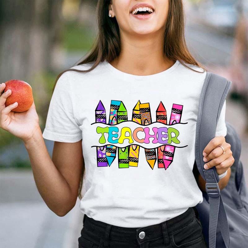 Teacher Crayons Fireworks   T-Shirt