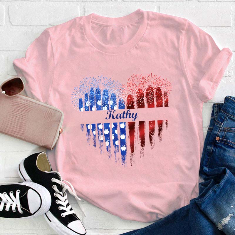 Personalized Name Love Flat Fireworks Teacher T-Shirt