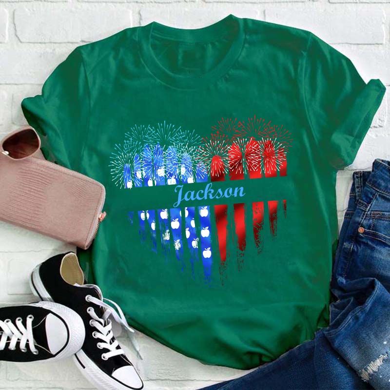 Personalized Name Love Flat Fireworks Teacher T-Shirt