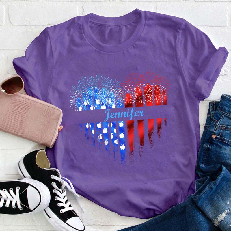 Personalized Name Love Flat Fireworks Teacher T-Shirt