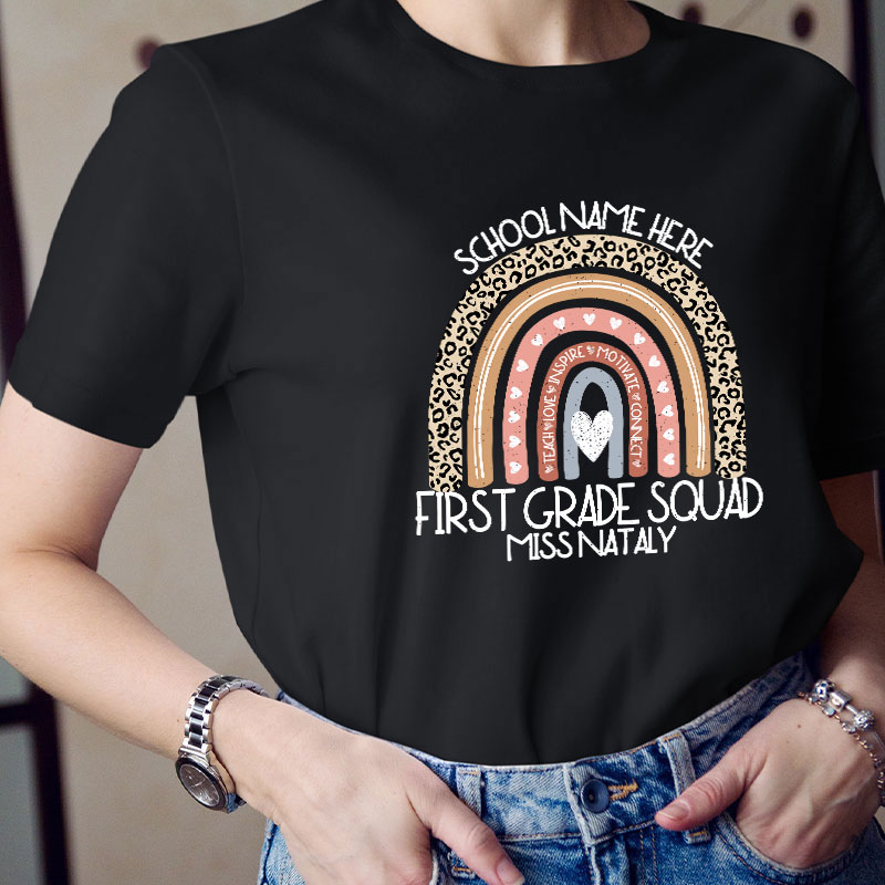 Personalized Grade Name And School Name Leopard Rainbow Teacher T-Shirt